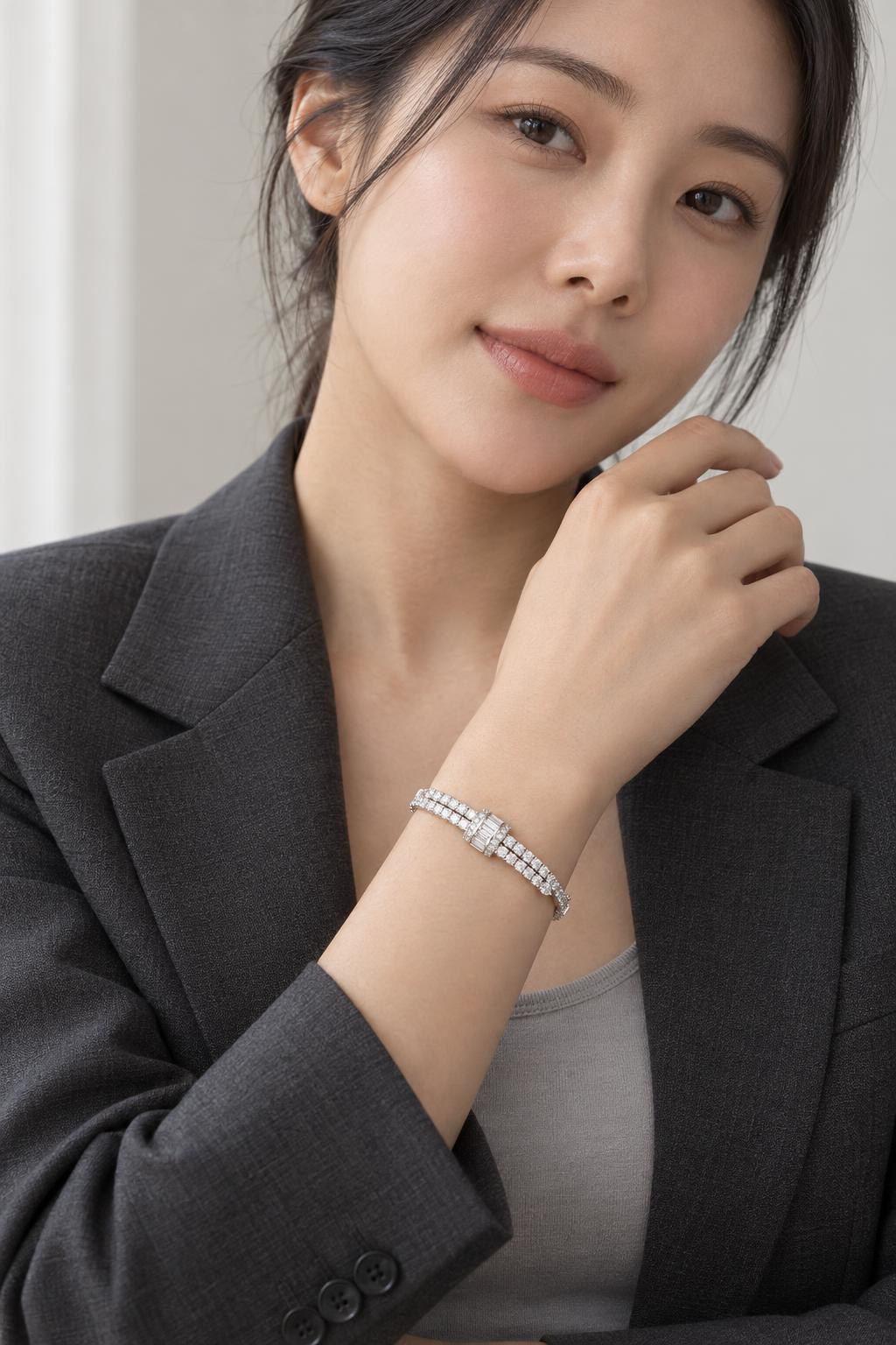 14K 바게트 물방울 1부 랩다이아몬드 더블 테니스 팔찌 AI 착용 예시 1