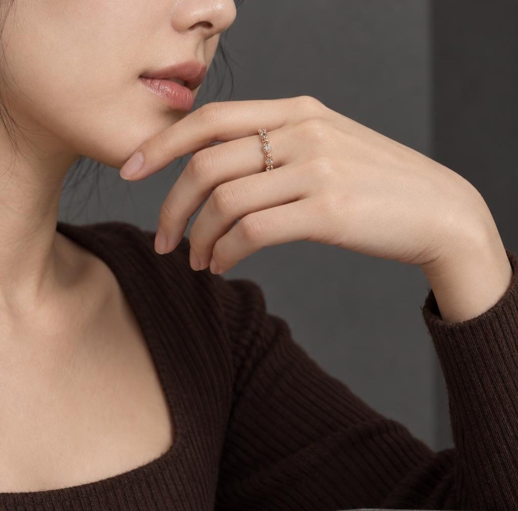 14K 미니엘립스 천연다이아꼬냑 파베 반지 상품 사진 3