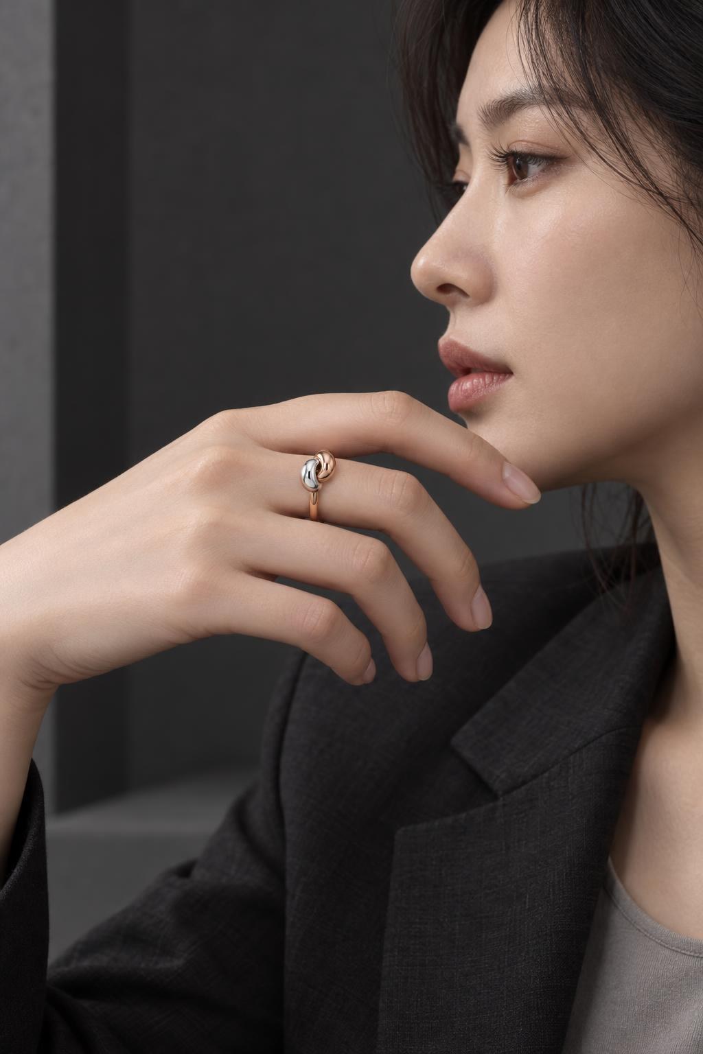 14k 투톤 매듭슬림 반지 AI 착용 예시 1